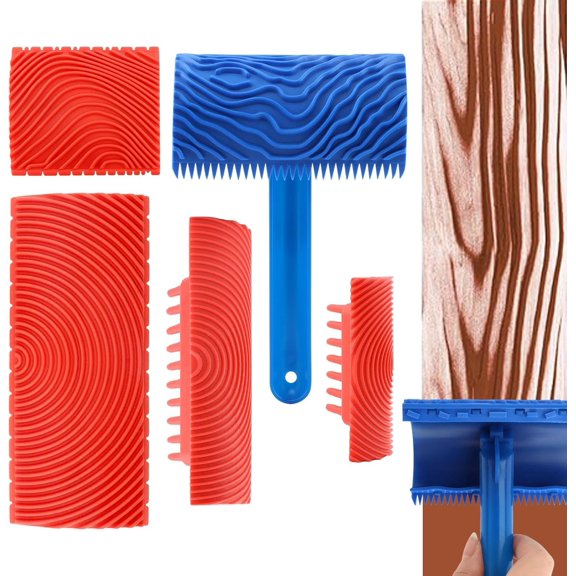 5 Pack Wood Grain Tool,Woodgraining Tool Kit,Texture Pattern with Handle Roller Rubber Empaistic Graining Tool Paint Look Like Wood for DIY Wall Room Art Decoration
