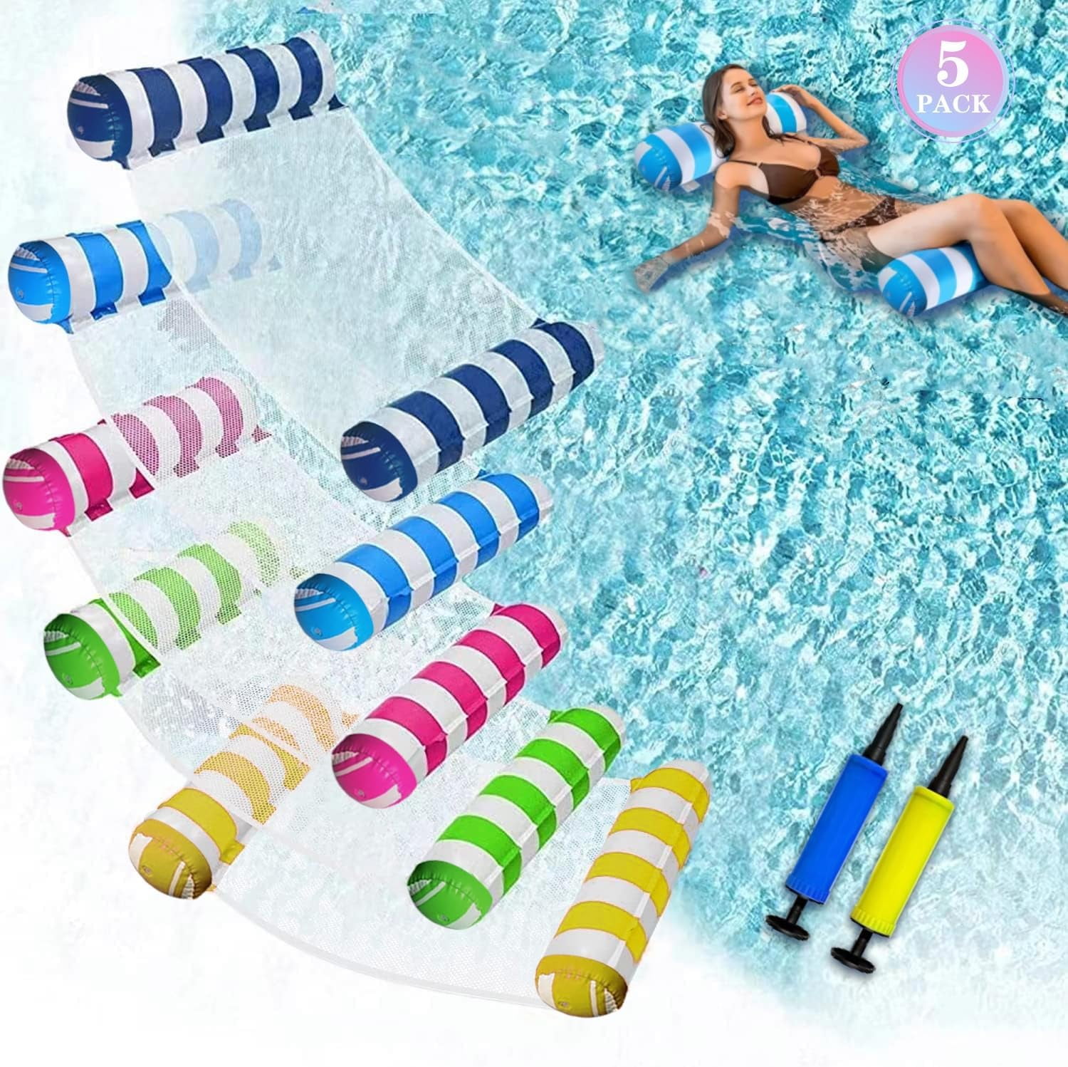 5 Pack XL Pool Floats Adult Size, 4in1 (Hammock, Saddle, Lounge Chair