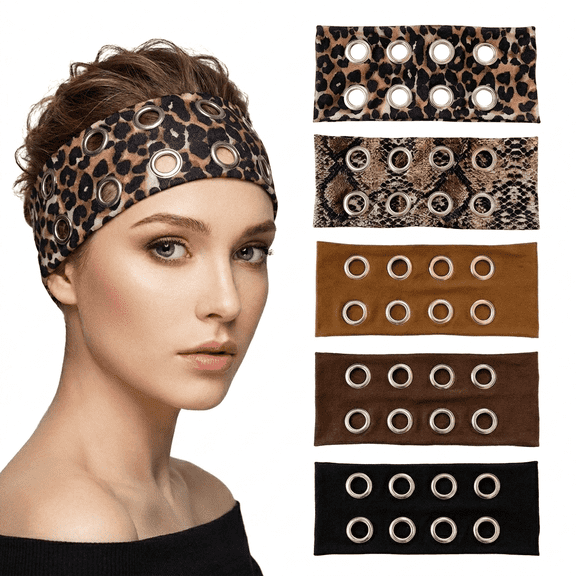 5 Pack Y2K Punk Style Head Wrap, Hollow Eyelet Elastic Wide Headscarf, Leopard Snakeskin Black.