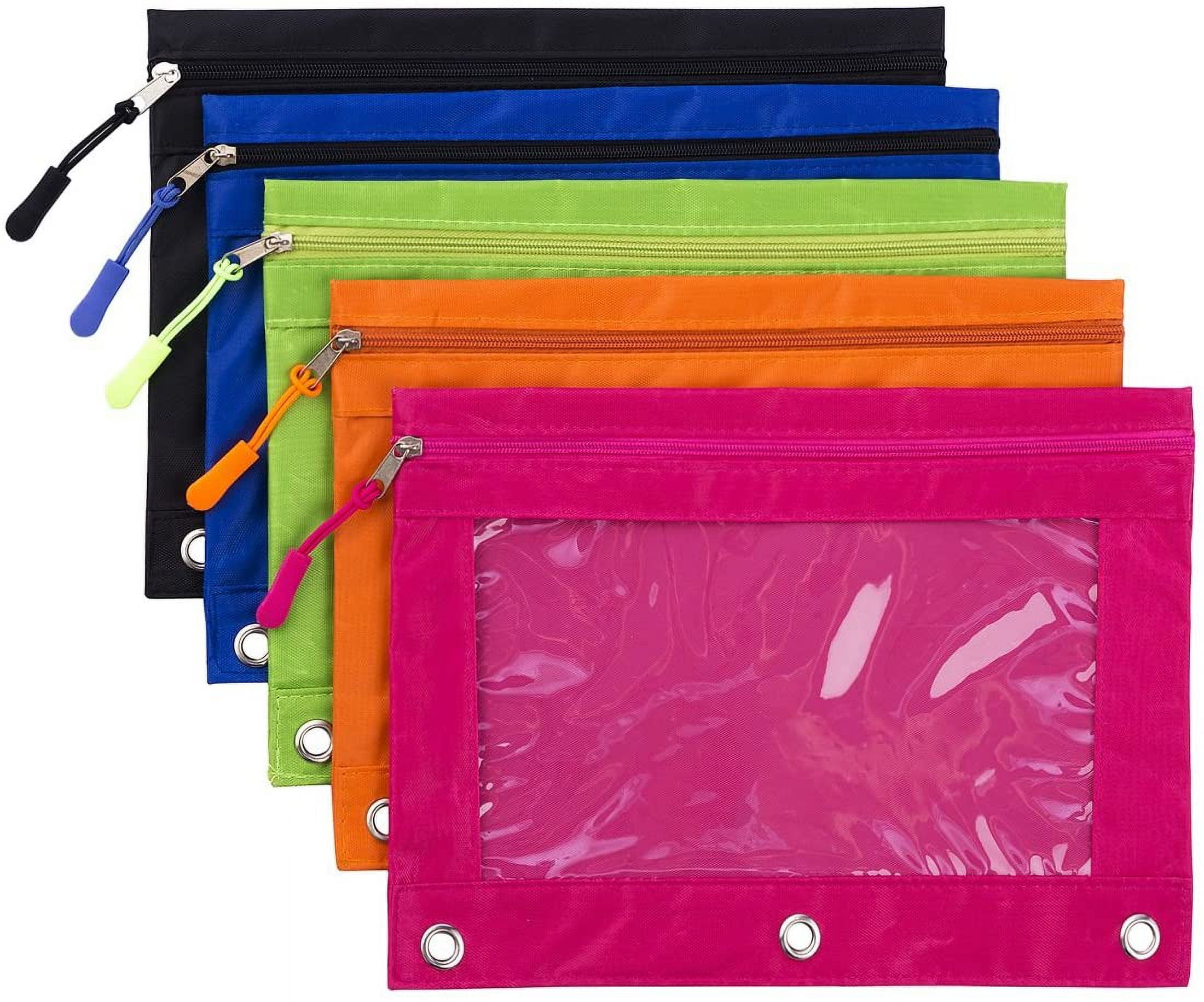 5 Pack Zipper 3-Ring Pencil Cases, Rivet Reinforced Multi Color Stationery Storage Bags for Students