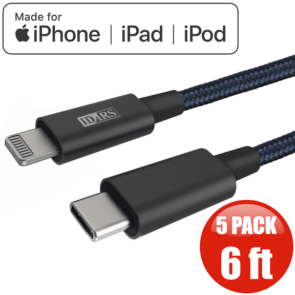 5-Pack iDARS MFi Certified PD Fast Charge USB-C to Lightning Braided Cable (6 ft) - Blue