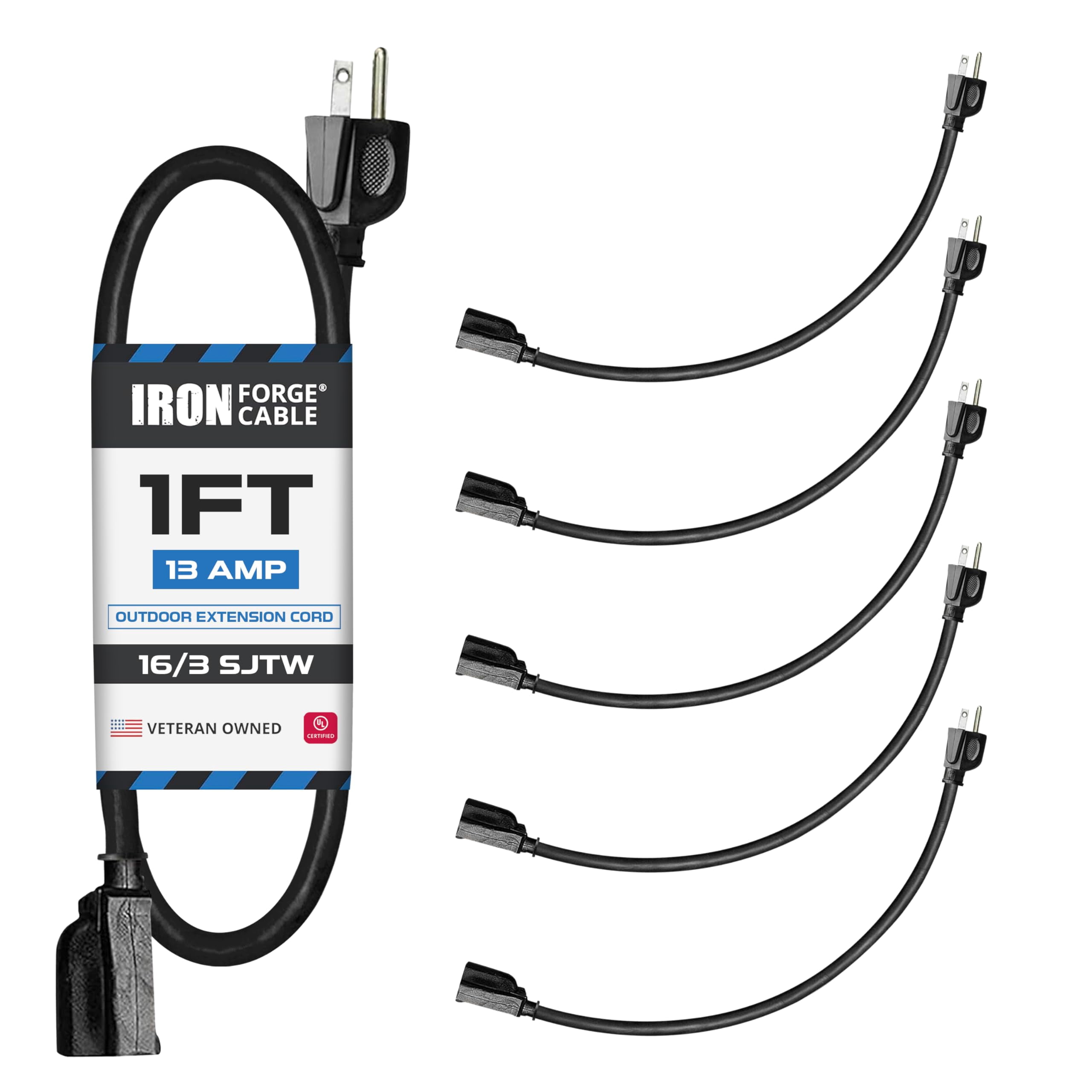 Iron Forge Cable 5 Pack 1 Ft Black Extension Cord, 16/3, 1 Foot Short Extension Cord, 3 Prong, Weatherproof - Great for Outside Use