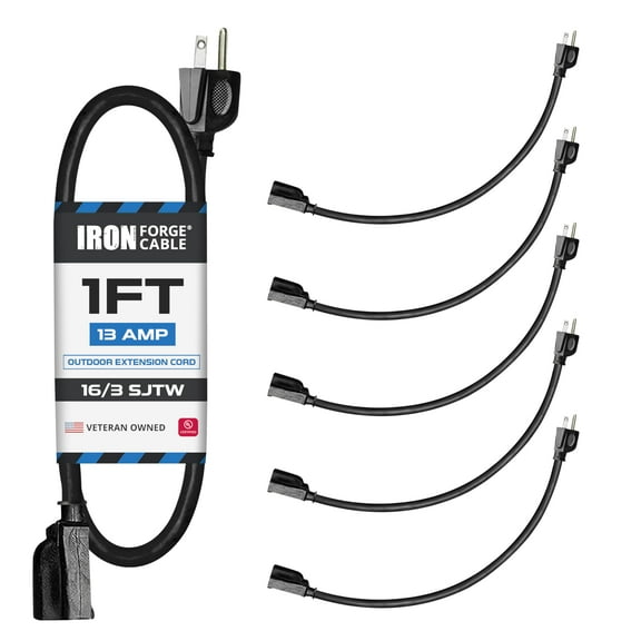 Iron Forge Cable 5 Pack 1 Ft Black Extension Cord, 16/3, 1 Foot Short Extension Cord, 3 Prong, Weatherproof - Great for Outside Use