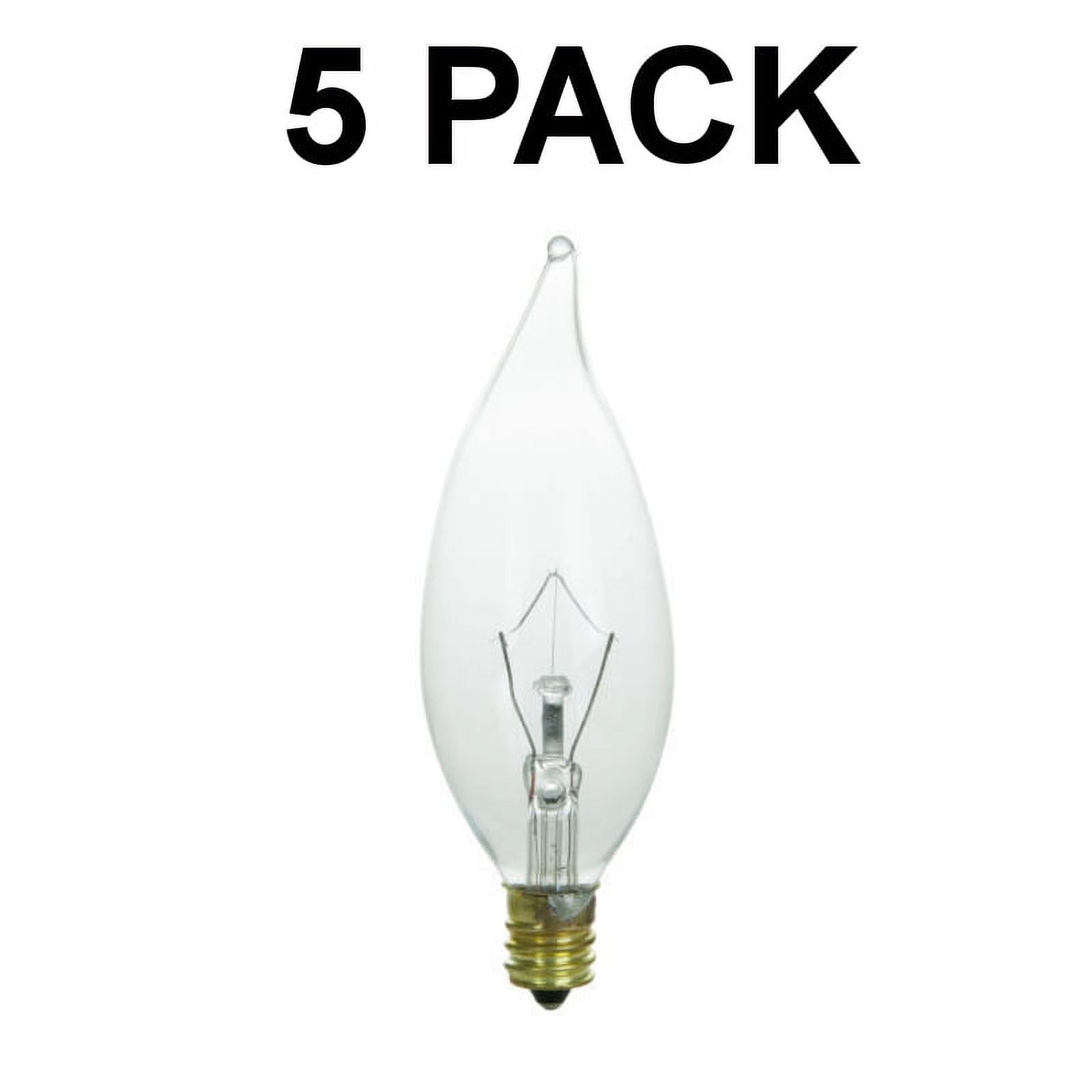 5Pack of 40 Watt Flame Tip Chandelier Light Bulbs E12 Candelabra Base 40W