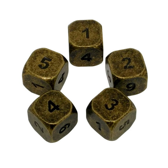 5 Pack of D6 - Gunmetal Gold Color with Black Numbers Metal Dice -