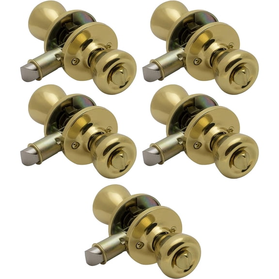 5 Pack of Pro-Grade Classic Mobile Home Privacy Door Knob Bed and Bath Handle, Polished Brass