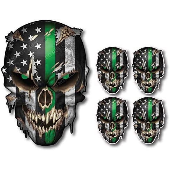 5 Pack of Thin Green Line Skulls I Support The Military Vinyl Decal Sticker American Flag Car Truck (5 Pack)