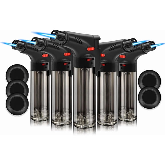 5 Pack of Torch Lighter, Powerful Windproof Jet Flame, Butane Gas Refill, with Safety Lock, Mini Blow Torch Lighters for Candle, Firework (NO Gas)