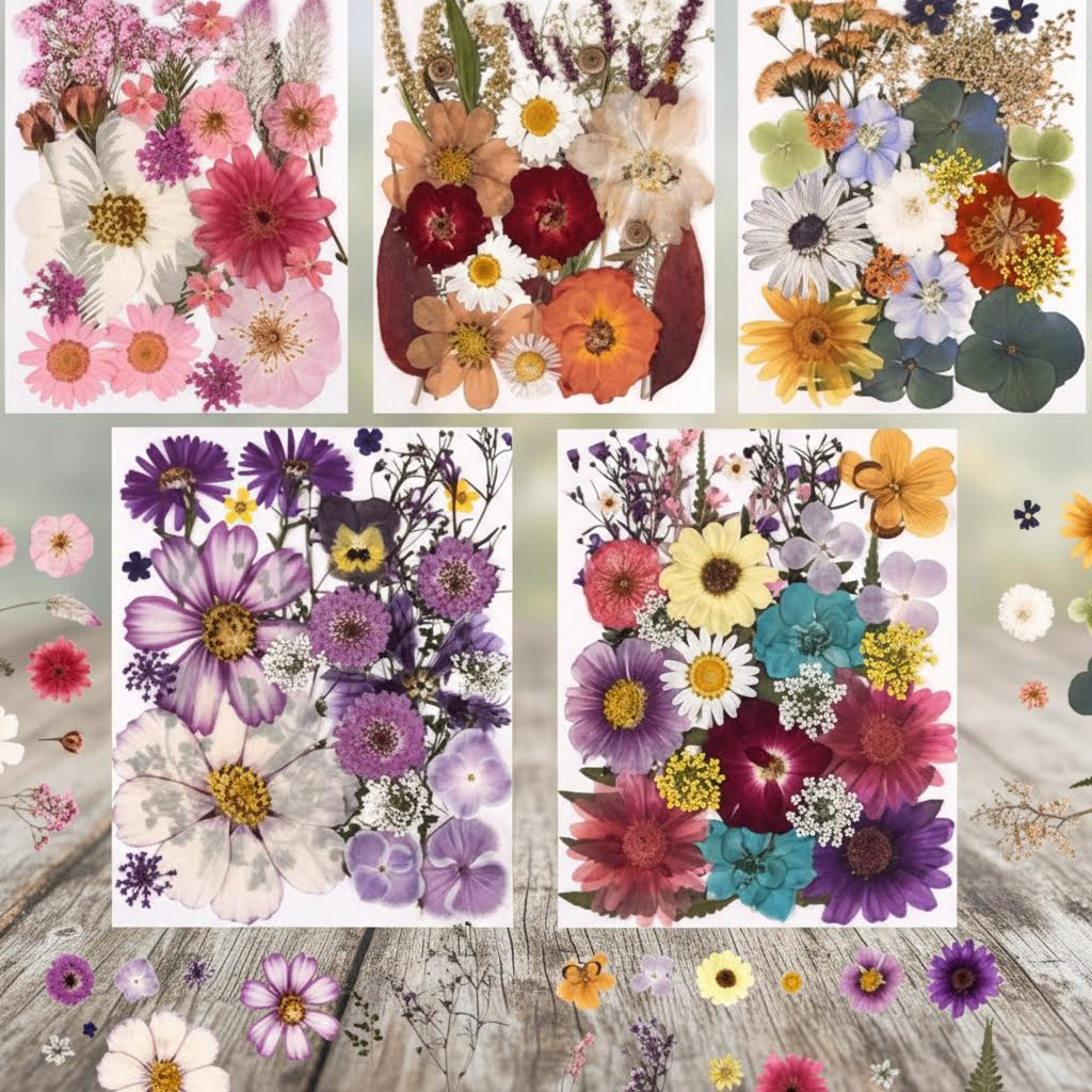 5 Packs of 140 Real Pressed Dried Flowers and Leaves with Tweezers for DIY Crafts, Resin Jewelry, Card Making, Soap, Candles, Nail Art, and Scrapbooking (5 Colors)