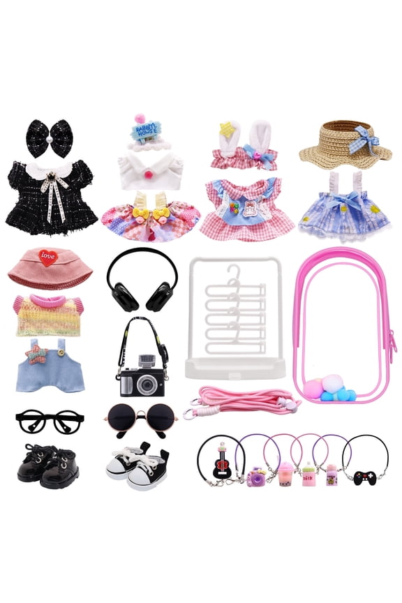 5-Pack Clothes Set Designed for Labubu Clothes with Accessories Set, Includes 6 Mini Accessories, Display Bag, Clothes Rack, Headphones, Camera, Sunglasses, Shoes Accessories for Labubu - Style B