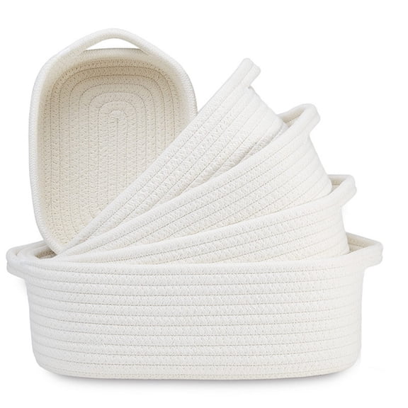 5 Packs Cotton Rope Storage Basket Set Woven Desktop Organizer Bins Rectangular Storage Basket with Handles Soft Cotton Weave Baskets Nesting Sorting Bins for Living Room Vanity Top