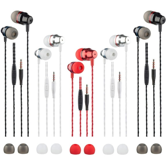 5 Packs Earbud Headphones with Remote & Microphone, SourceTon In Ear Earphone Brass Sound Noise Isolating Tangle Free for iOS and Android Smart phones, Laptops