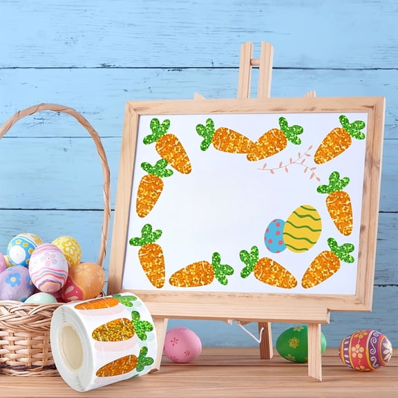 5 Packs Easter Stickers Roll 500 Glitter Carrot Doodles, Sparkling Art Supplies for Holiday Crafts, DIY Scrapbooking, Gift Wrapping, Party Decorations, Creative Journaling and Planner Stickers