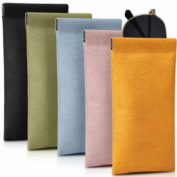 5 packs Glasses Case, Soft Eyeglass Bag Portable Squeeze Top Leather Glasses Storage Anti-Scratch Eyeglass Case for Women Men