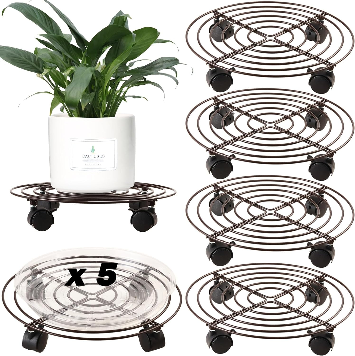Plant Caddy With Wheels 15.8 Inch Metal - 5 Pack Heavy-duty Pot Movers With  Brakes & Saucers Metal Plant Caddy With Wheels
