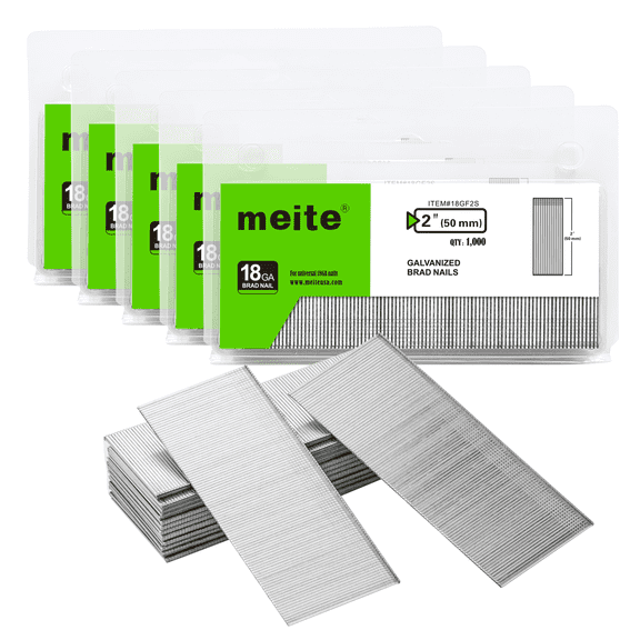 5 Packs MEITE 18 Gauge Brad Nails, 2 Inch 18GA Brad Nails Galvanized Small Finishing Nail Gun Nails for Pneumatic, Electric Brad Nailer Gun (1,000 Pcs/Pack)