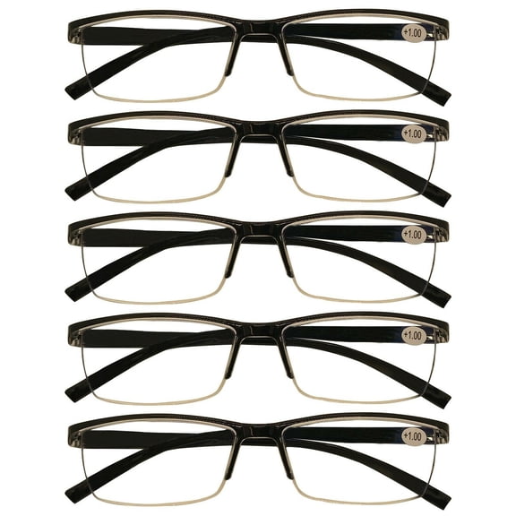 5 Packs Mens Rectangle Half Frame Reading Glasses Blue Light Blocking Black Spring Hinge Readers +2.50