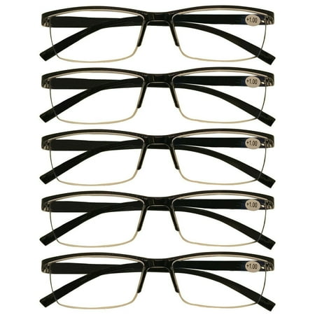 5 Packs Mens Rectangle Half Frame Reading Glasses Blue Light Blocking Black Spring Hinge Readers +2.75