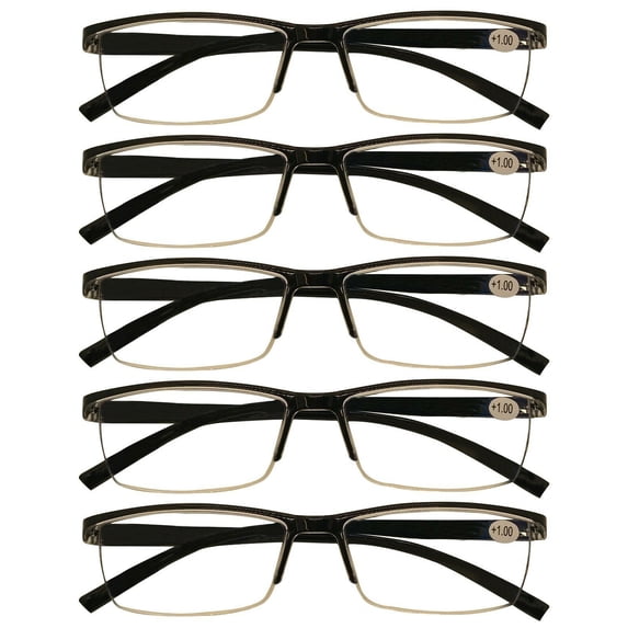 5 Packs Mens Rectangle Half Frame Reading Glasses Blue Light Blocking Black Spring Hinge Readers +2.75