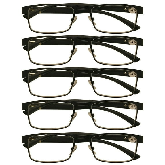 5 Packs Mens Rectangle Metal Frame Reading Glasses Black Spring Hinge Readers +1.25