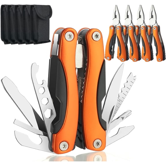 5 Packs Needle Nose Pliers, Multi Tool, Hiking Essentials, Fathers Gifts, Multitool Pliers, Camping Knife with Holster and Nylon Sheath for Outdoor, Fishing, Hunting, Hiking by (orange)
