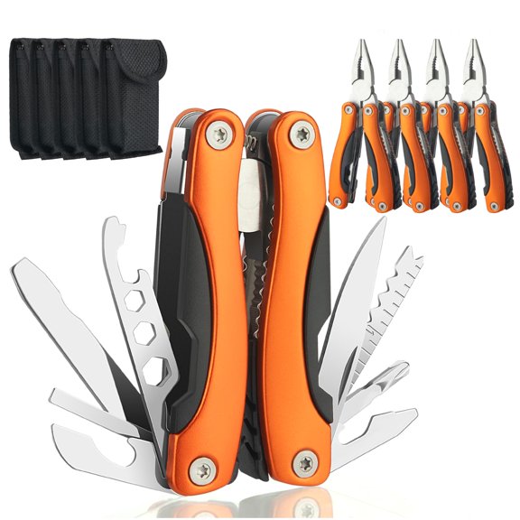 5 Packs Needle Nose Pliers, Multi Tool, Hiking Essentials, Fathers Gifts, Multitool Pliers, Camping Knife with Holster and Nylon Sheath for Outdoor, Fishing, Hunting, Hiking by WIWUE GUO(orange)