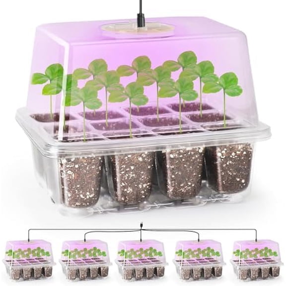 5 Packs Seed Starter Tray with Grow Light, Elevated Seedling Starter Trays Kits with Adjustable Humidity Domes and Clear Cell Tray, 12 Full Spectrum led lamp Beads for Plants Indoor-Clear