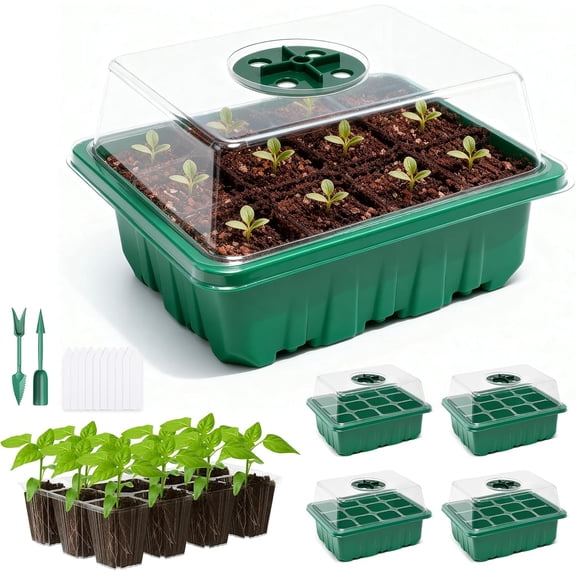 5 Packs Seed Starter Tray with Humidity Dome, Seed Starter Kit with Transparent Drain Hole Base Indoor Greenhouse Mini Propagator for Seeds Growing Starting(60 Cell Trays, Green)