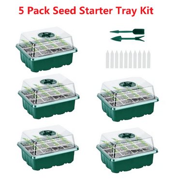 5 Packs Seed Starter Tray Kit with Adjustable Humidity Dome and Base, Plant Germination Trays Seeding Tray for Greenhouse Planting, 12 Cells Per Tray, Green