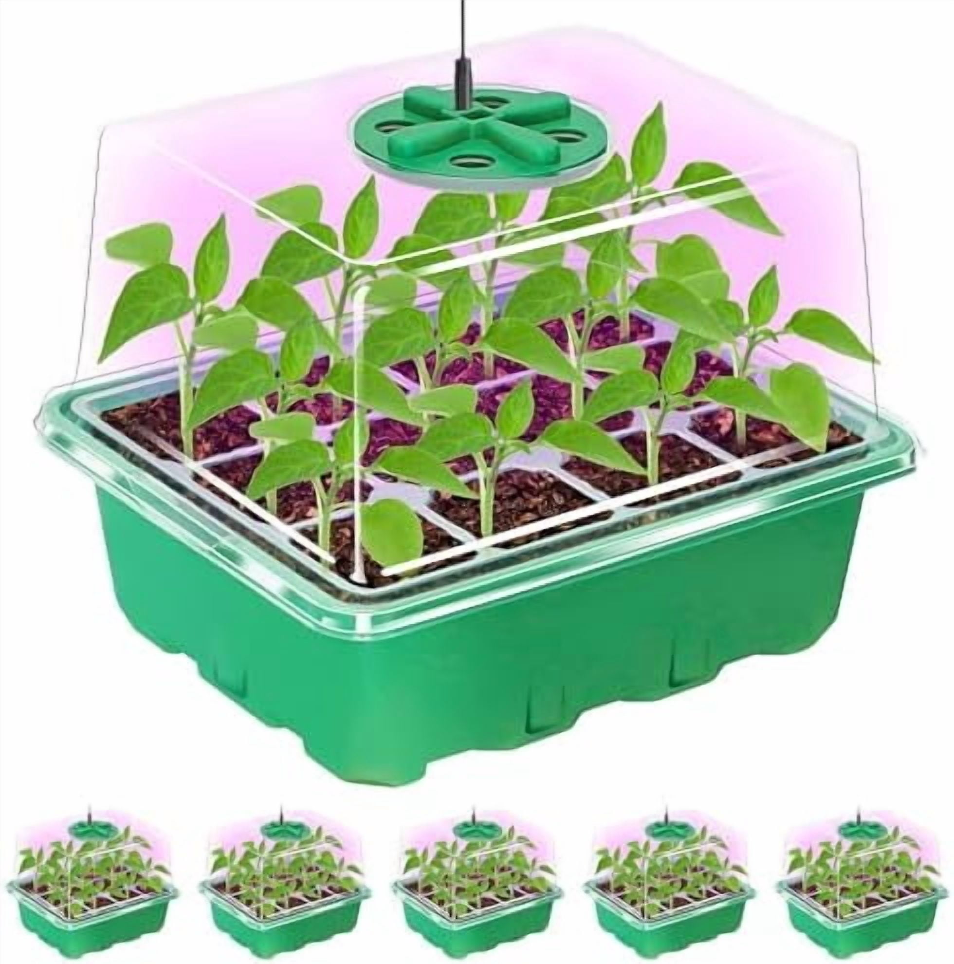 5 Packs Seed Starter Tray with Plant Light, Elevated Seedling Starter Trays Kits with Adjustable Humidity Domes and Clear Cell Tray, 12 Full Spectrum led lamp Beads for Plants Indoor-Green