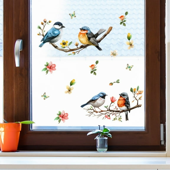 5 Packs Self-Adhesive Painted Tree Branches Birds Wall Stickers for Glass Windows Bedroom Home Decor Removable Vinyl Decals Home Beautification Decoration