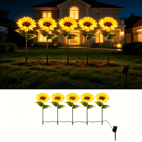 5 Packs Solar Garden Lights LED Outdoor Waterproof Garden Lights Decorative Sunflower Ornaments Stake Lights for Pathway Lights Landscape Lamp Patio Fence Yard Lighting Outdoor DecorThree Heads