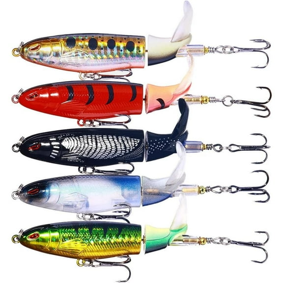 5 Packs Topwater Fishing Lures, Whopper Popper for Bass, Catfish, Pike, Perch - Floating Pencil Bait With Rotating Tail for Freshwater or Saltwater Multi-Jointed Swimbaits Fishing Lures