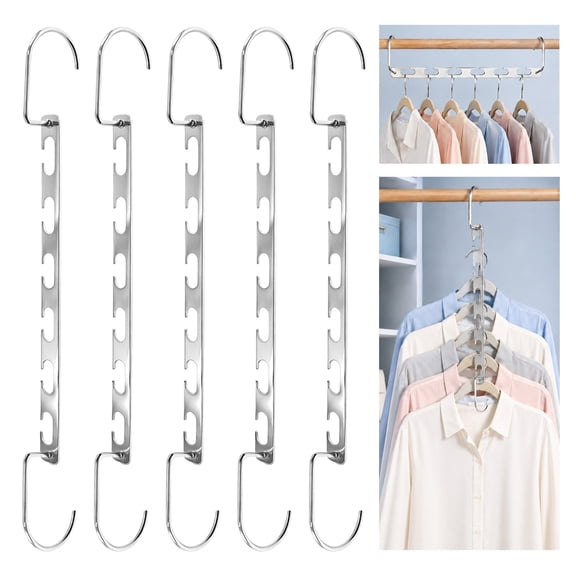 5 Packs Vertical & Horizontal Hangers, Sturdy Stainless Steel Space-saving Hangers with 6 U-Shaped Holes, Heavy Duty Clothes Hooks for Heavy Coats, Metal Closet Organizers and Storage for Wardrobe