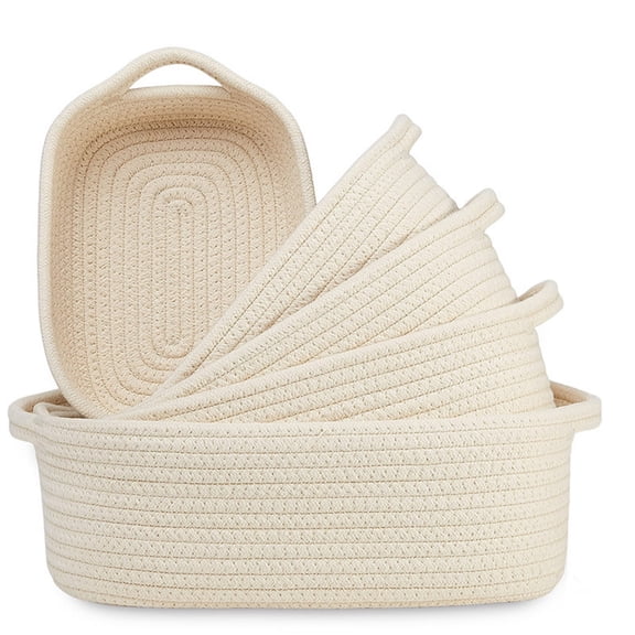 5 Packs Woven Desktop Organizer Bins Rectangular Storage Basket with Handles Cotton Rope Storage Basket Set Soft Cotton Weave Baskets Elegant Neutral Stripe Multi Piece Blanket Towel Bins