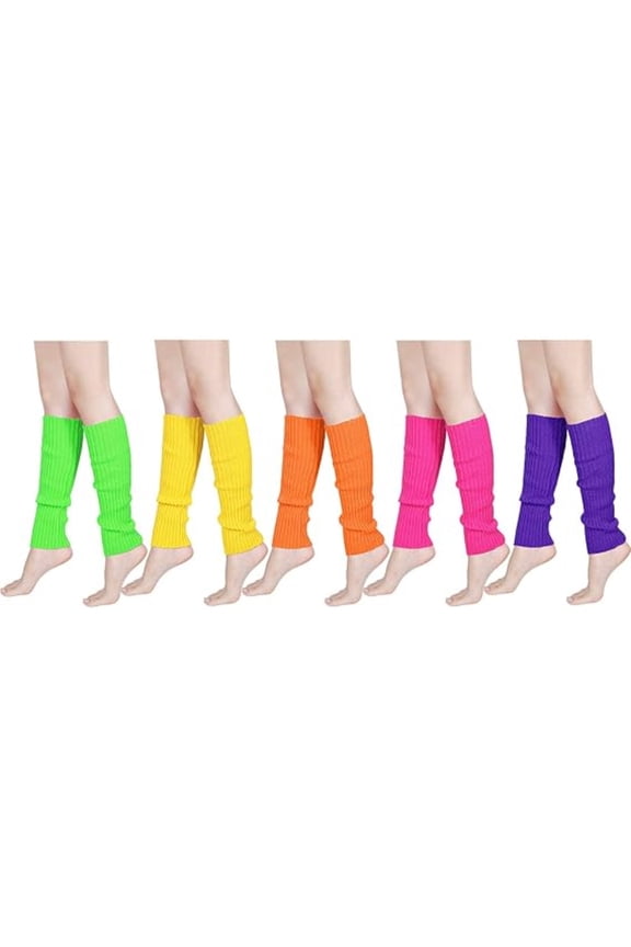 5-Pair 80s Retro Neon Leg Warmers, Knit Ribbed & Stretchy, Women's Dance Party Warmers for Disco/Fitness