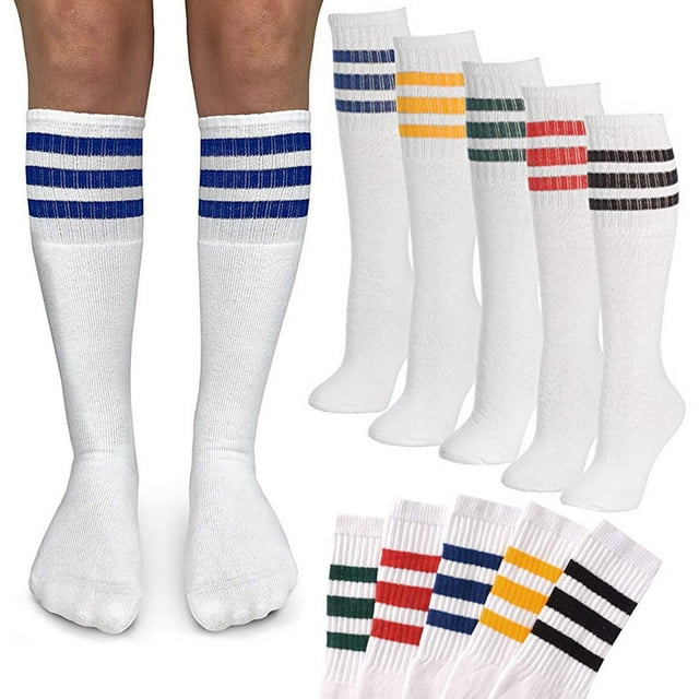5 Pair Assorted Color Knee High Tube Socks Stripe Classic 24" Soccer