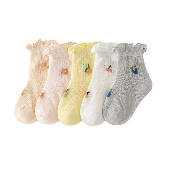 5 Pair Baby Girls Frilly Ruffle Socks - Breathable Cotton Mesh with Lace Trim, Non-Slip Grip Summer Socks for Toddler Infants, Soft Comfortable Cute Fashion Crew Socks