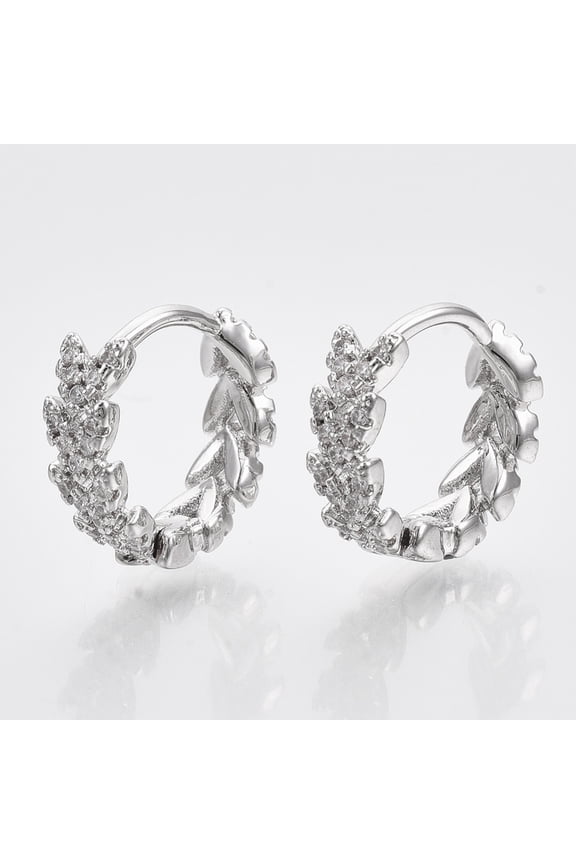 5 Pair Brass Micro Pave Cubic Zirconia Huggie Hoop Earring Flower Ring Platinum 13.5x4mm Pin: 1mm