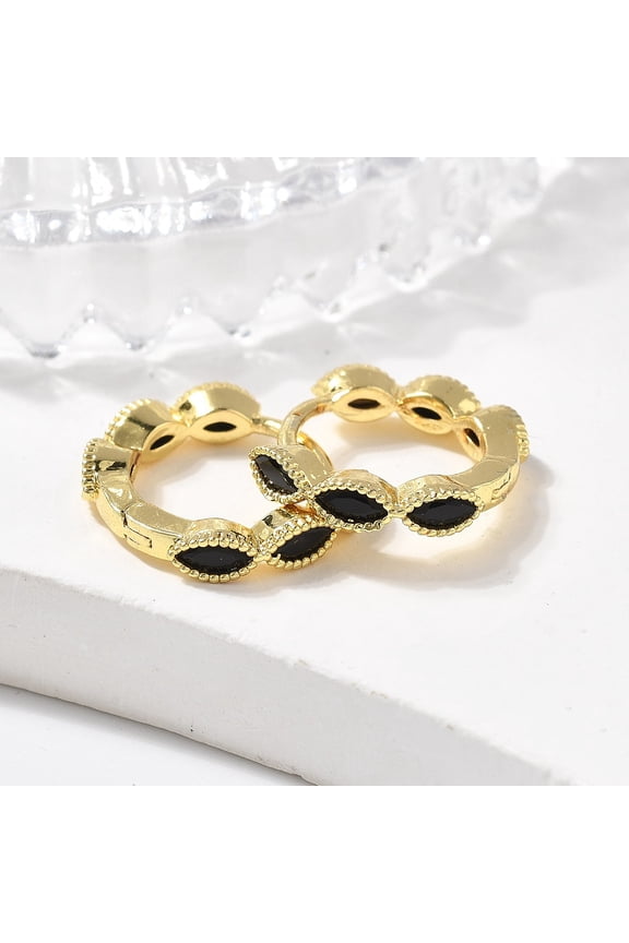5 Pair Brass Micro Pave Cubic Zirconia Huggie Hoop Earrings Long-Lasting Plated Horse Eye Black Real 18K Gold Plated 13.5x15.5x3mm Pin: 0.8mm