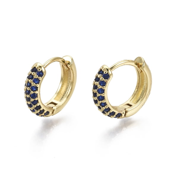 5 Pair Brass Micro Pave Cubic Zirconia Huggie Hoop Earrings Real 18K Gold Plated Nickel Free Ring Blue 13x15.5x4mm Pin: 0.8mm