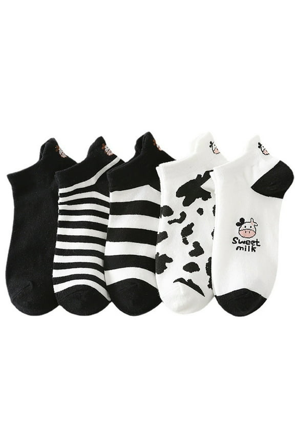 5 Pair Cartoon Cow Animal Print Low Cut Boat Socks Women Cotton Tab Back Hosiery