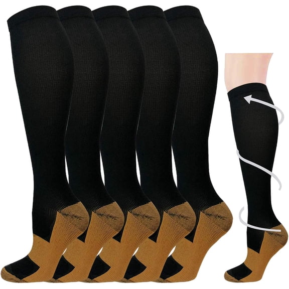 5-Pair Compression Socks, 20-30mmHg Knee High Support Socks for Men & Women, Breathable Moisture-Wicking for Sports, Running & All-Day Wear