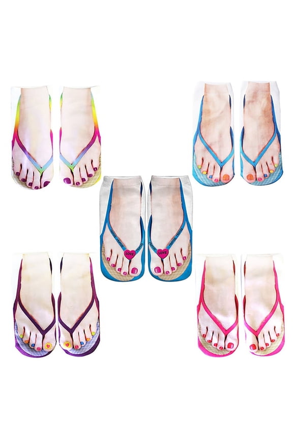 5 Pair Flip Flop Socks 3D Pattern Manicure Print Funny Comfort Running Socks Women Personalized Low Cut Ankle