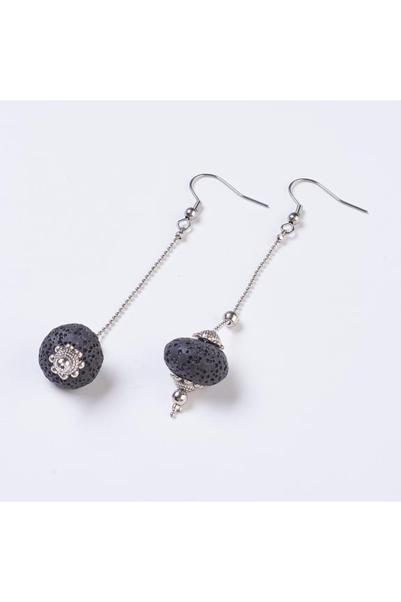 5 Pair Lava Rock Dangle Earrings with Stainless Steel Earring Hooks Black 88~90mm pin: 0.6mm