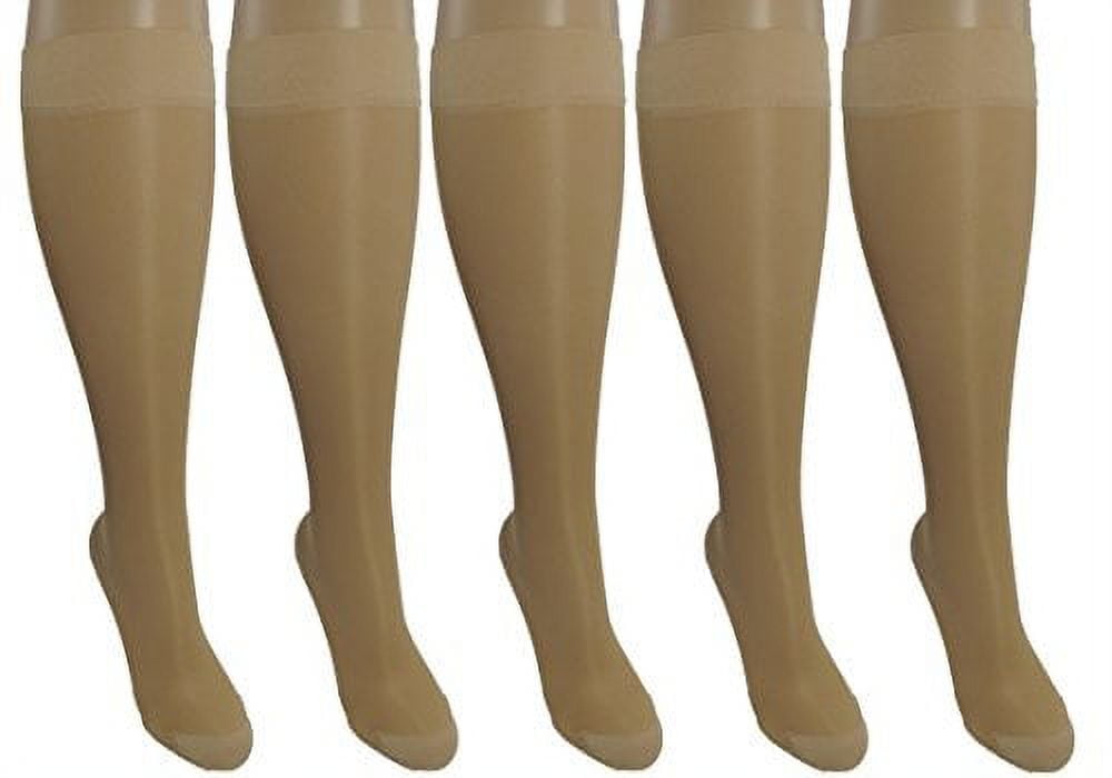 5 Pair Nude Sheer Large/X-Large Ladies Compression Socks, Moderate/Medium Graduated Compression 15-20 mmHg. Nurses, Work, Therapy, Travel & Flight Knee-High Hosiery.