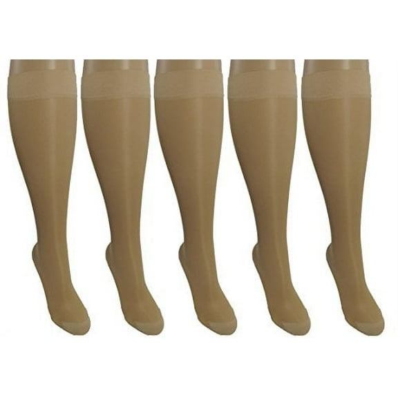 5 Pair Nude Sheer Small/Medium Ladies Compression Socks, Moderate/Medium Graduated Compression 15-20 mmHg. Nurses, Work, Therapy, Travel & Flight Knee-High Hosiery. Color: Nude