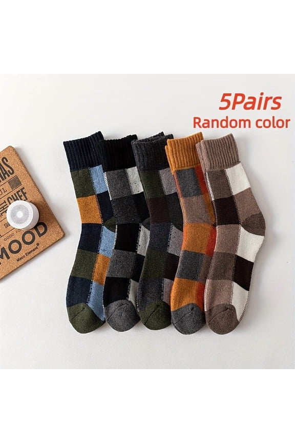 5-Pair Pack of Extra-Thick Warm Socks - Extra-thick fleece-lined winter socks, plaid pattern, knee-high, suitable for extremely cold weather - Machine washable, suitable for hiking, everyday wear, an