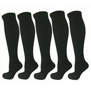 5 Pair Pack Knee-High Youth Compression Socks for Athletics; Basketball, Baseball, Softball, Soccer, Football, Running, Cross Country, MTB, Sports. Gift Set; Black, Medium-Fits ages 9-16