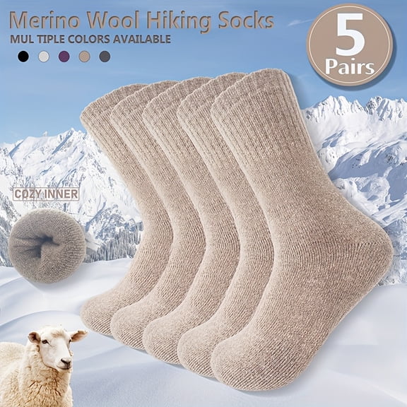 5-Pair Pack Women's Thick Warm Winter Hiking Socks - Cold-weather hiking socks, suitable for skiing, hiking, and everyday wear - Moisture-wicking mid-calf socks.